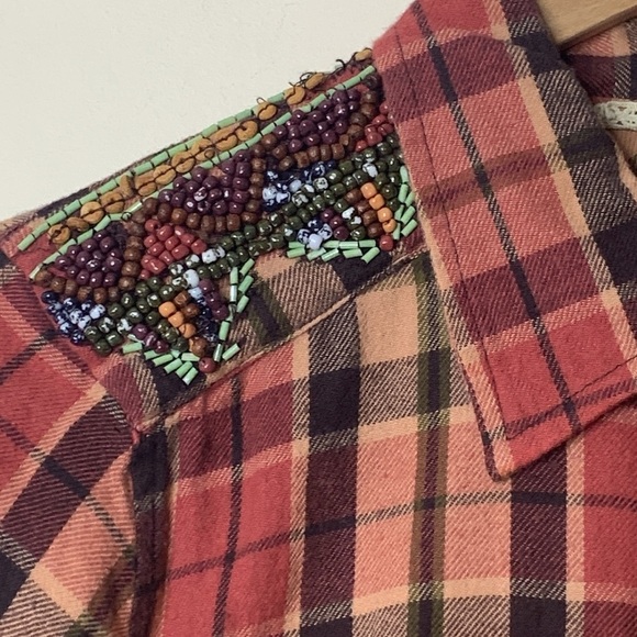 Gimmicks by BKE | Plaid Beaded Embroidered Mesh Long Sleeve Button Down Shirt S - Picture 7 of 17